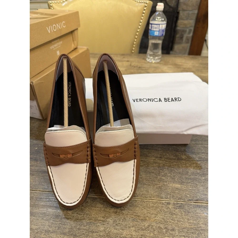 Veronica Beard Penny-2 leather loafers in a two-tone caramel and lily Size 8 - Picture 2 of 11